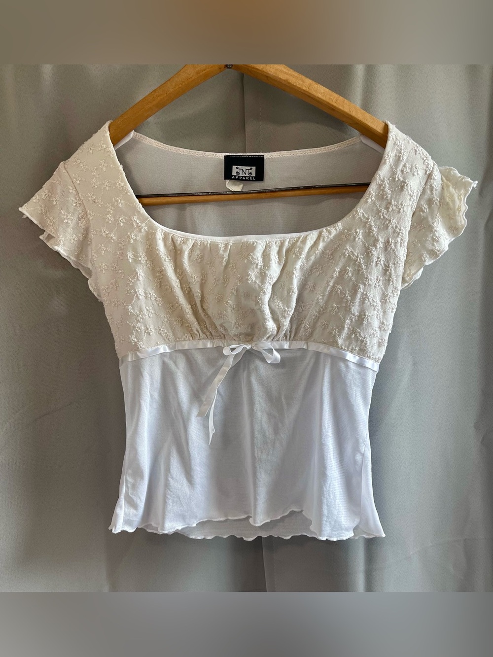 Vintage JNC Apparel Mesh Babydoll Milkmaid Top Cream Lace Cap Sleeve M